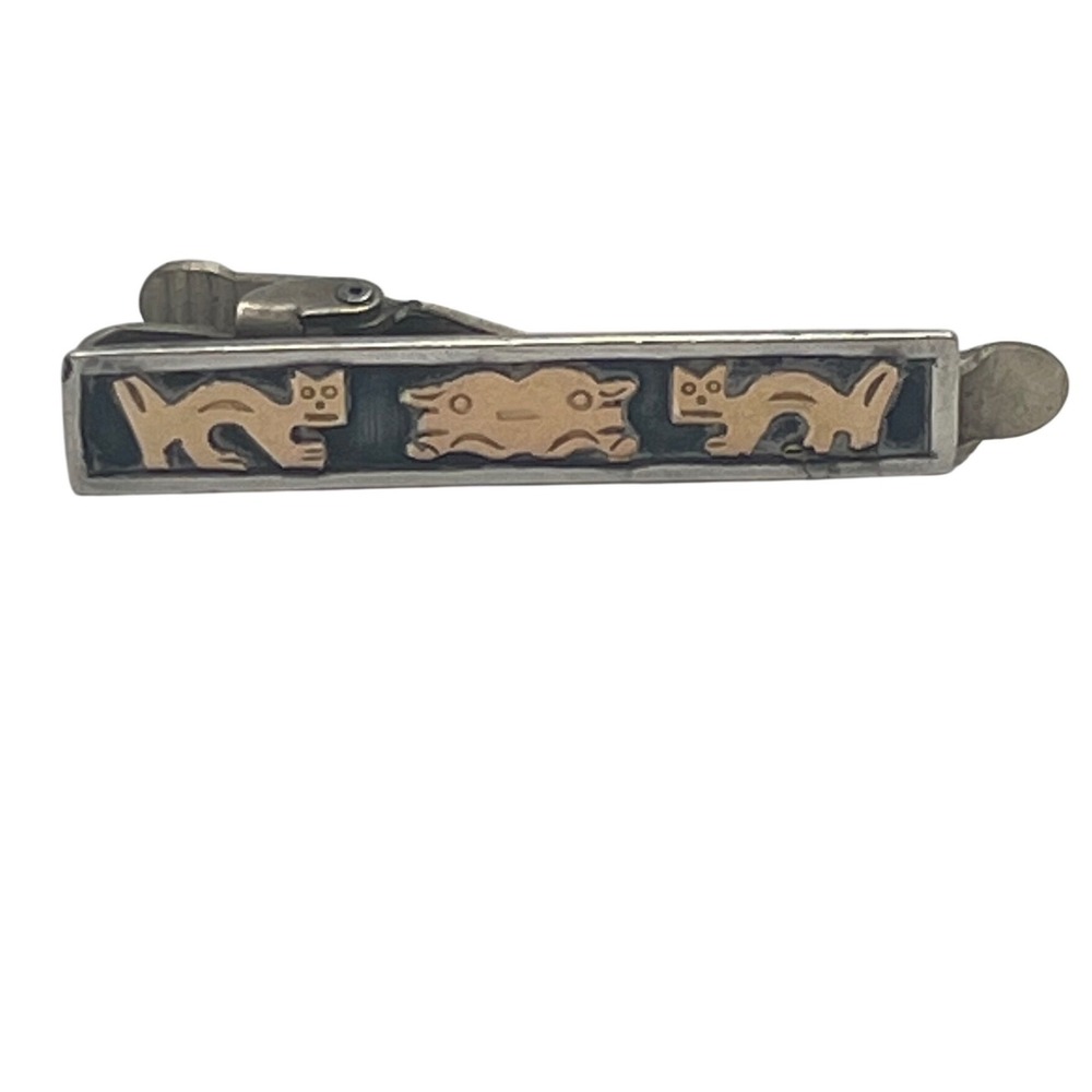 Vintage Peru / Mexico Sterling Silver & 18K Tie Bar alligator Clip Inca mythical